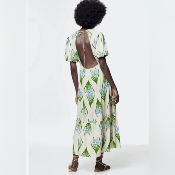 Zara Cream Backless Dress with Green and Blue Floral Design Medium - Picture 2 of 7